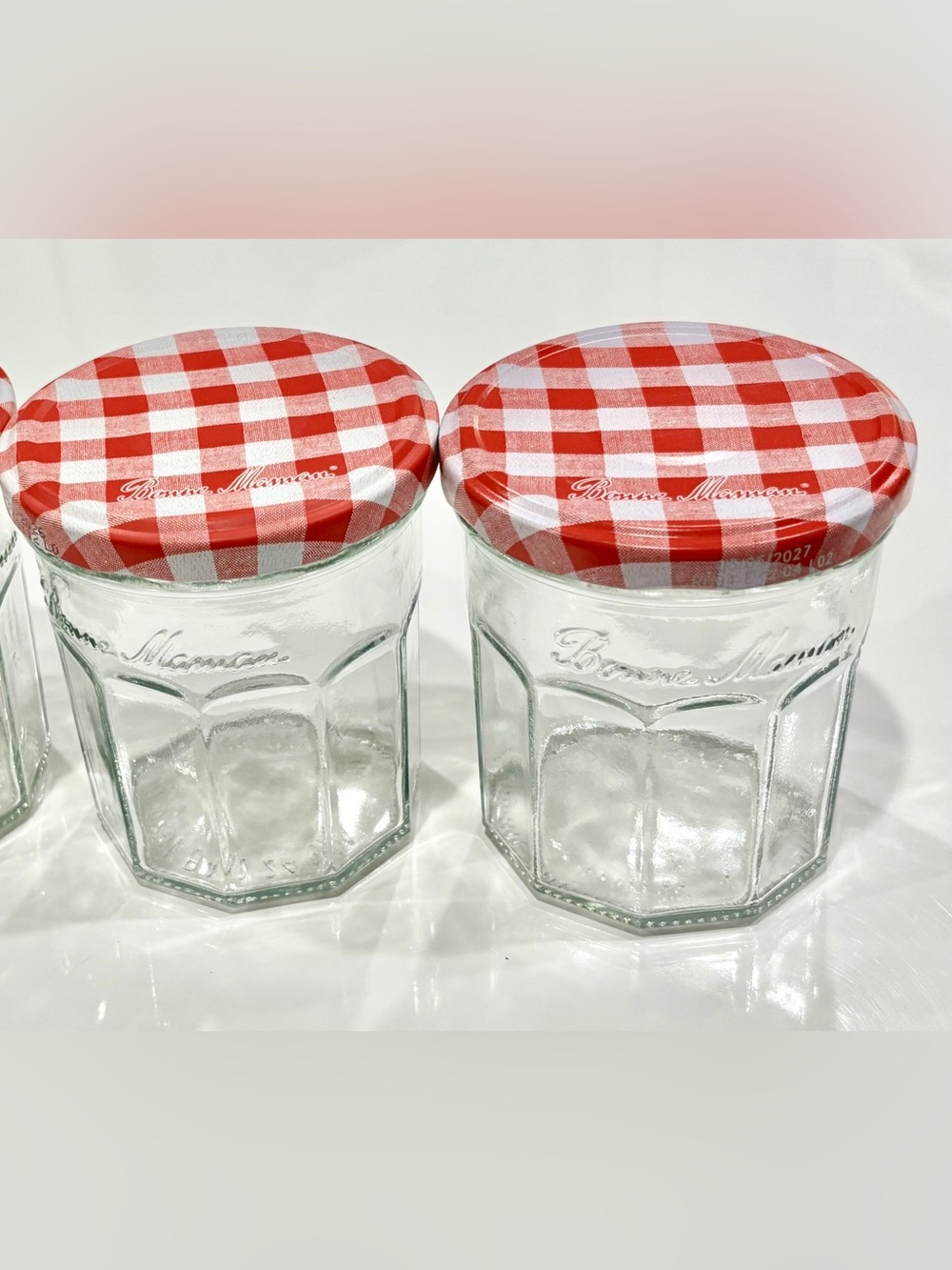 Set of 2 Faceted Glass Jars with Red & White Gingham Screw-on Lid 3.75”x3.25”